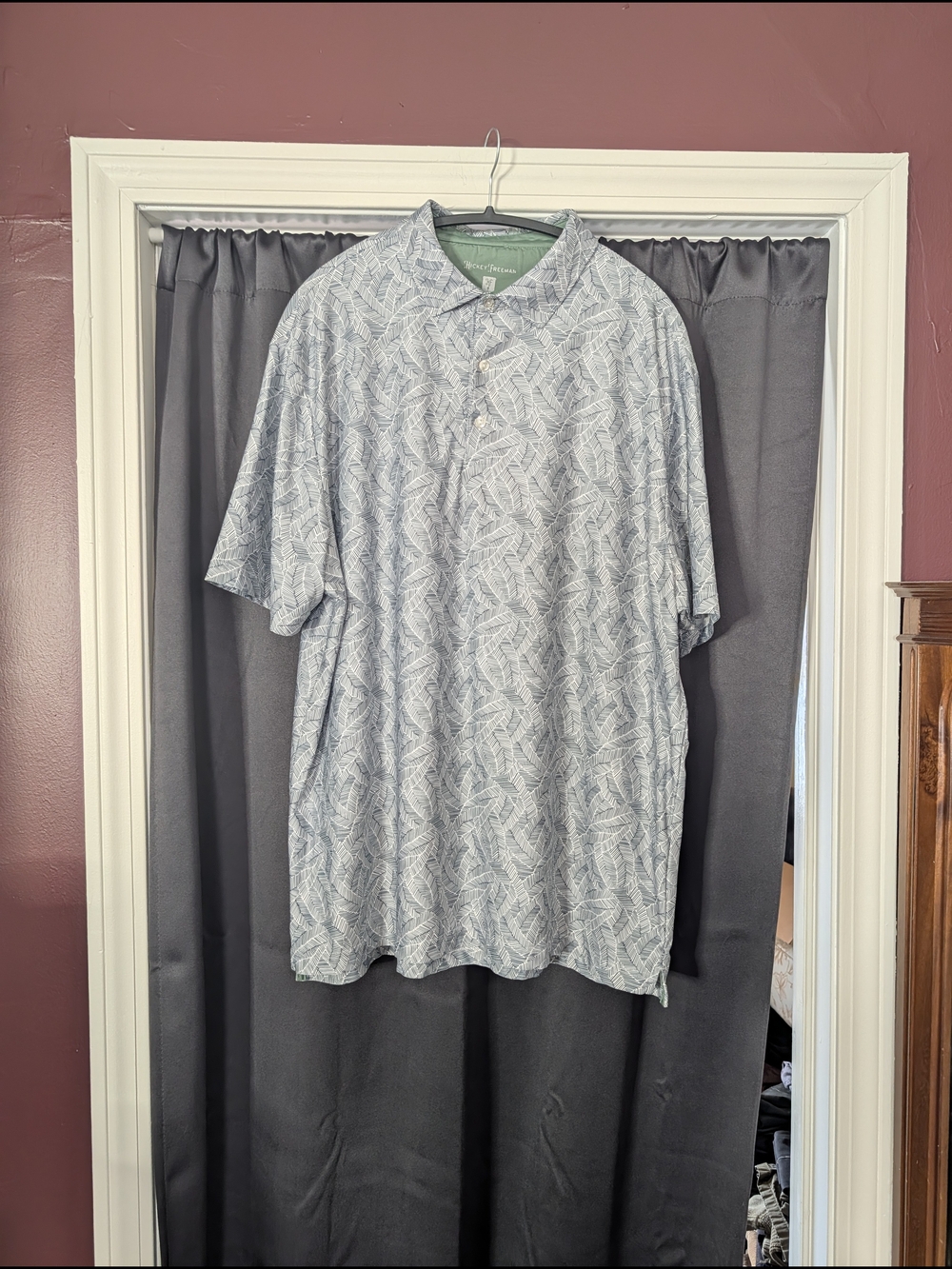Hickey Freeman Geometric Patterned White/Green Leaf Printed Polo Shirt Mens XL